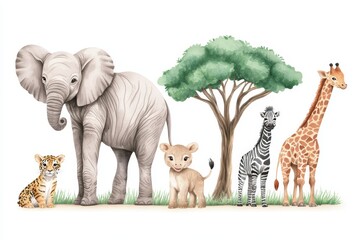 Obraz premium Illustration of various animals including elephants, giraffes, and lions surrounded by trees.