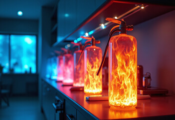 neon blue orange flames futuristic kitchen holographic fire extinguishers