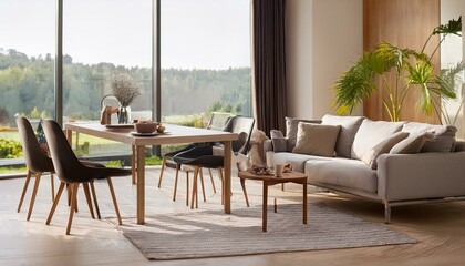 Obraz premium Stylish home living room interior with couch and dining table, panoramic window