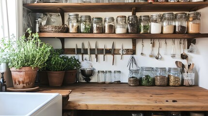 A country-style kitchen with a large farmhouse sink, wooden countertops, and open shelving. Decorated with mason jars, herbs, and vintage cookware for a charming rustic look