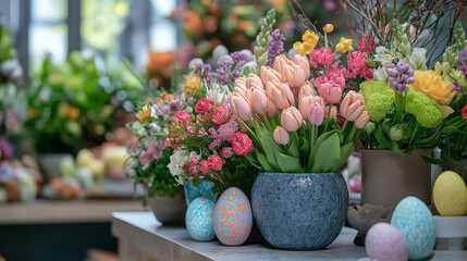 Fototapeta premium A bouquet of pink tulips and other spring flowers in a blue pot with colorful Easter eggs.