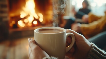 Obraz premium Hot chocolate in a cozy mug by a glowing fireplace, family gathered in a warm winter setting, soft lighting, close-up shot