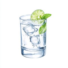 Refreshing glass of water with ice, lime, and mint on a white isolated background.