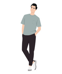 Vector illustration on a white background. A man in a gray T-shirt and dark trousers, emphasizing a modern style and calm character.