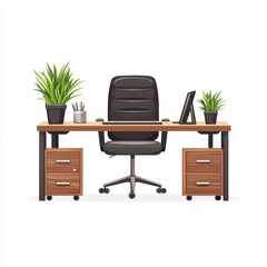 Stylish office desk with a comfortable chair and greenery for a modern workspace, white isolate background.