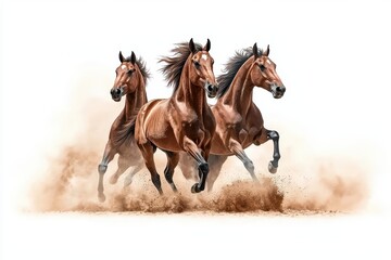 Three brown horses running through dust, captured in dynamic motion on a white isolated background.