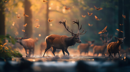 A herd of deer walks through a stream in a lush forest, with birds flying overhead.
