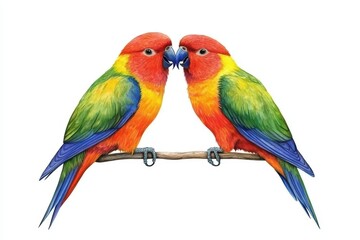 Two vibrant parrots affectionately perched on a branch, showcasing their colorful plumage.