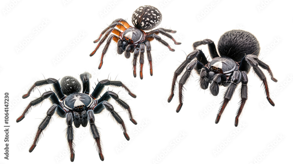 Poster unique patterns of varied black spiders in nature generative ai