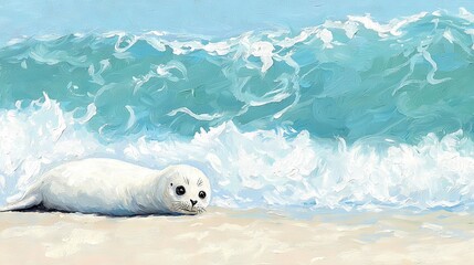   A white seal resting on a beach beside the ocean with a wave breaking in the background