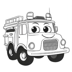A cute firetruck with a smiling face on the front, black and white, bold outline, isolated on white background