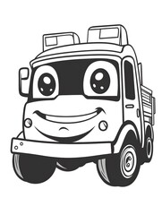 A cute firetruck with a smiling face on the front, black and white, bold outline, isolated on white background