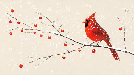   Cardinal perched on red apple-laden branch amidst snowfall