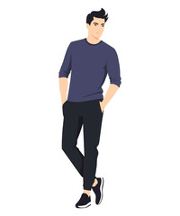 Vector illustration on a white background. A man in a dark blue T-shirt and black trousers, emphasizing his sportiness and active lifestyle.