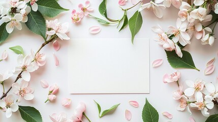 Obraz premium Blank card with cherry blossoms and scattered petals on a white background, flat lay, minimalistic and elegant, suitable for invitations, greeting cards, or romantic celebrations. 