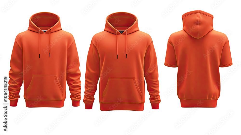 Poster blank orange hoodies displayed from front back and side views generative ai