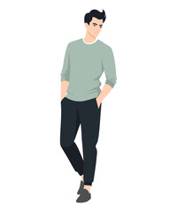 Vector illustration on a white background. A man in a dark blue T-shirt and black trousers, emphasizing his sportiness and active lifestyle.