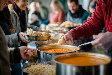 christmas charity - soup kitchen line with people receiving bowls of hot soup, bread, and smiles from volunteers