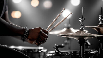 Close-up of a drummer's hands holding drumsticks, a cymbal is in the foreground, and the stage lights are blurred in the background.