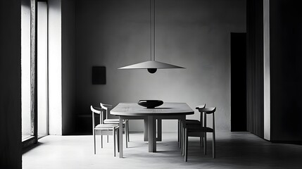 A dining room with a sleek, modern table and simple chairs, minimalistic decor, and a pendant lamp. The space is uncluttered, focusing on simplicity and clean lines