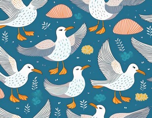 Seamless pattern with cute seagulls
