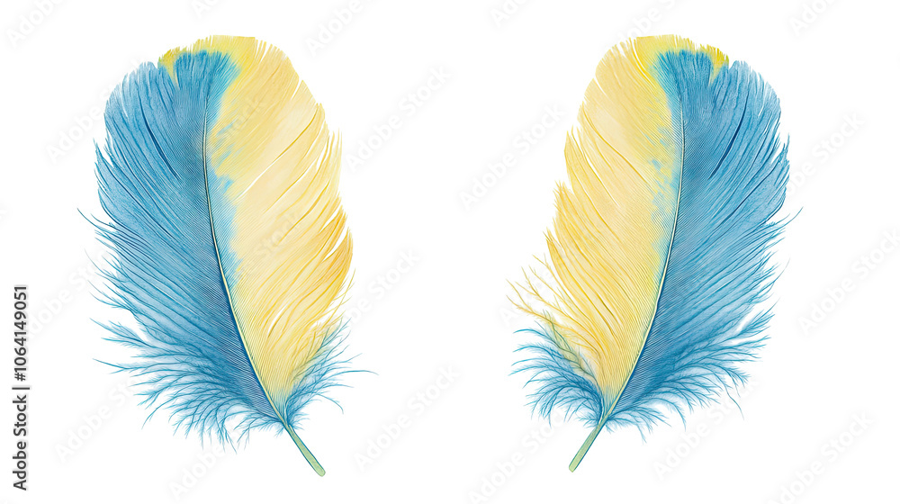 Poster colorful blue and yellow feathers displayed on a white background generative ai