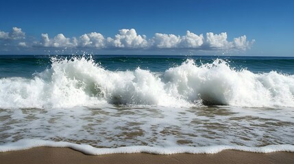 Fototapeta premium A dynamic view of ocean waves crashing onto the shore, with white foam and deep blue water, creating an energetic and refreshing scene.