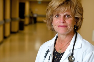 Confident female doctor in hospital corridor with stethoscope and professional attire