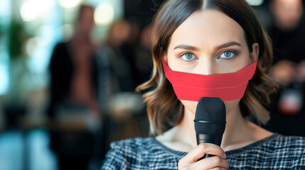 A journalist broadcasting with red tape sealing their mouth, gripping a microphone, symbolizing press censorship and the fight for free speech and press freedom rights.