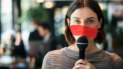 A journalist broadcasting with red tape sealing their mouth, gripping a microphone, symbolizing press censorship and the fight for free speech and press freedom rights.