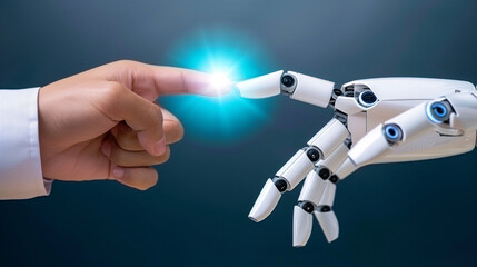 Conexión entre mano humana y mano robótica en entorno futurista