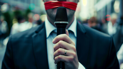 A journalist broadcasting with red tape sealing their mouth, gripping a microphone, symbolizing press censorship and the fight for free speech and press freedom rights.