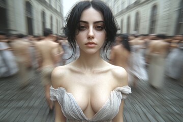 Fototapeta premium Solitude in motion: woman stands still amidst blurred crowd in urban setting