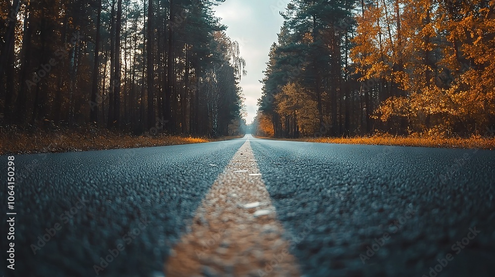 Poster a road lined with trees on either side and a row of trees beyond it, surrounded by a forest