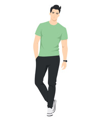 Vector illustration on white background. Man in bright green T-shirt and black pants creating fresh and energetic image.