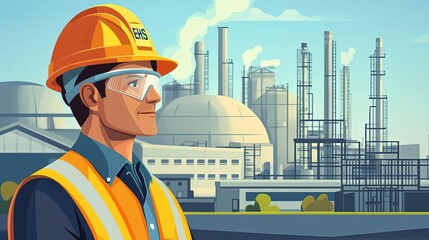 Environmental Health and Safety Engineer Environmental Health and Safety EHS engineer inspecting factory site, no face, flat design illustration