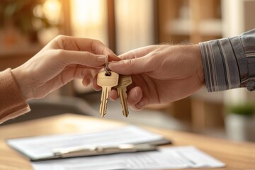 A close-up of two hands exchanging house keys over a contract on a table, symbolizing a real estate transaction. Ideal for themes of homeownership, renting, and property transfer.