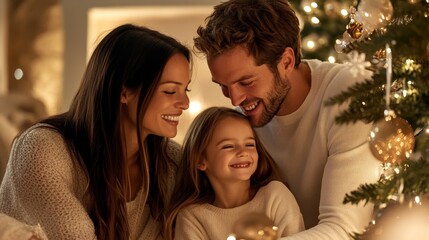 Fototapeta premium Family gathered around a decorated Christmas tree, surrounded by holiday decorations, joyful expressions, cozy setting, wide-angle