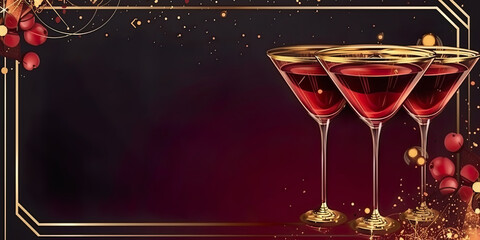 Elegant glassware with sparkling cocktails on dark background with red and gold festive accents