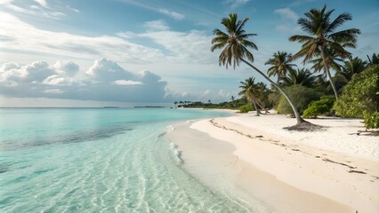 Tropical beach with clear turquoise water and palm trees under a blue sky