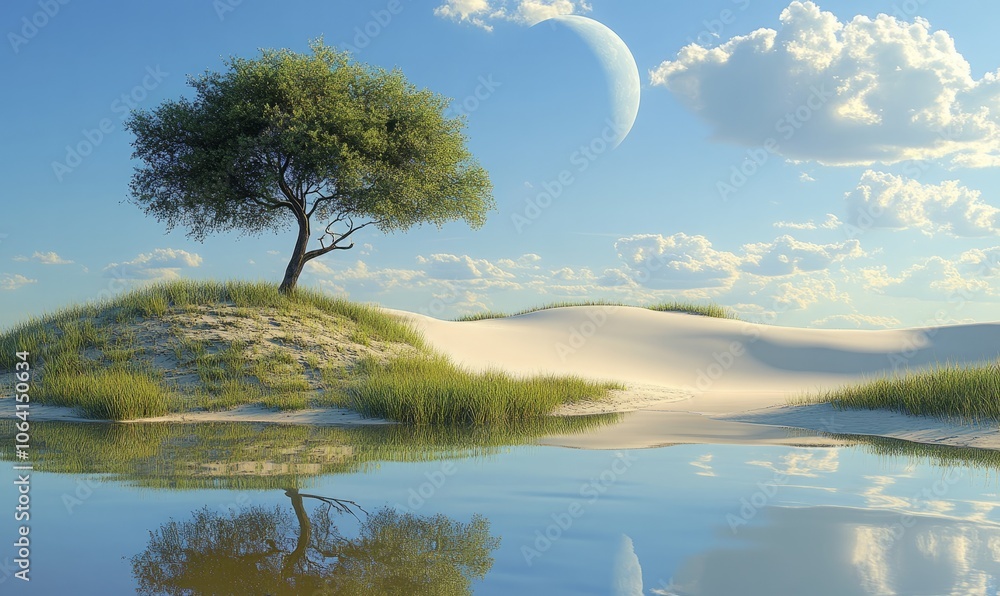 Poster a crescent moon and a tree on a dune with their reflection in a small, calm pond.