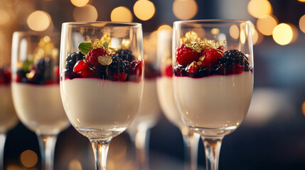Festive champagne panna cotta with mixed berry compote and gold leaf garnishes