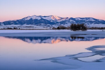 A frozen lake reflecting the colors of a winter sunset, with snow-covered mountains in the background