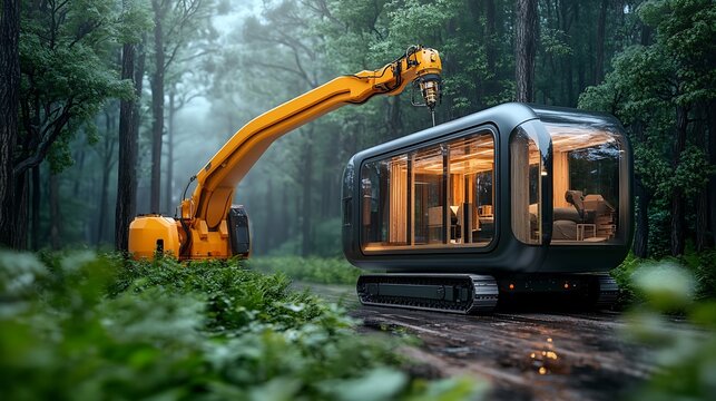 Cutting edge robots showcasing their ability to craft a beautiful wooden cabin in the heart of the forest, demonstrating the seamless blending of modern machinery with timeless craftsmanship.