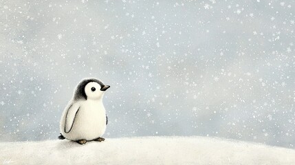 Fototapeta premium Painting of a Penguin on a Snow-Covered Hill with Falling Snowflakes