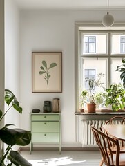 Fototapeta premium A green picture frame on a white wall in a Scandinavian-style room, surrounded by wooden furniture and plants with natural light. 