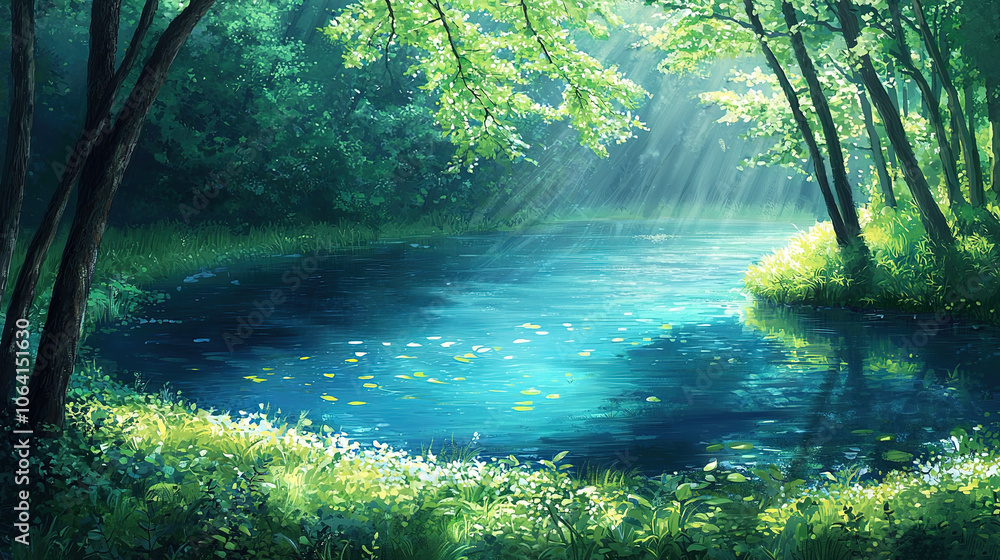 Poster river in forest with sunlight filtering through trees; water in foreground