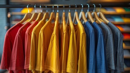 Fototapeta premium An engaging display of colorful t-shirts on hangers, offering a visual feast of styles and designs that appeal to creative fashion lovers looking for inspiration. AI generative