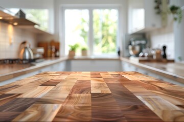 Close-up of a wooden kitchen counter top with a blurred background of a modern kitchen with a window.