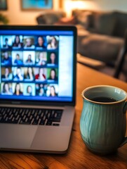 A laptop screen showing a virtual meeting, with multiple professionals on video calls, each from different locations, highlighting remote work